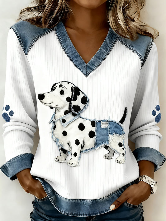 Dámské retro vneck denim patchwork animal print casual comfort top