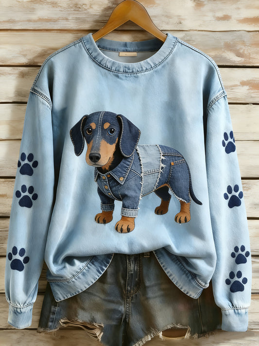 Dámské retro denim patchwork animal art print casual comfort sweatshirt s dlouhým rukávem