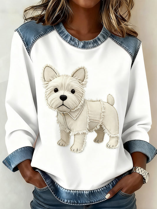 Dámské retro zvířecí umění tisk pohodlné džínsové mikiny patchwork sweatshirt