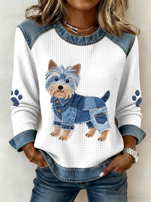 Dámské krásné yorkshire teriér pes vzor denim patchwork waffle sweatshirt