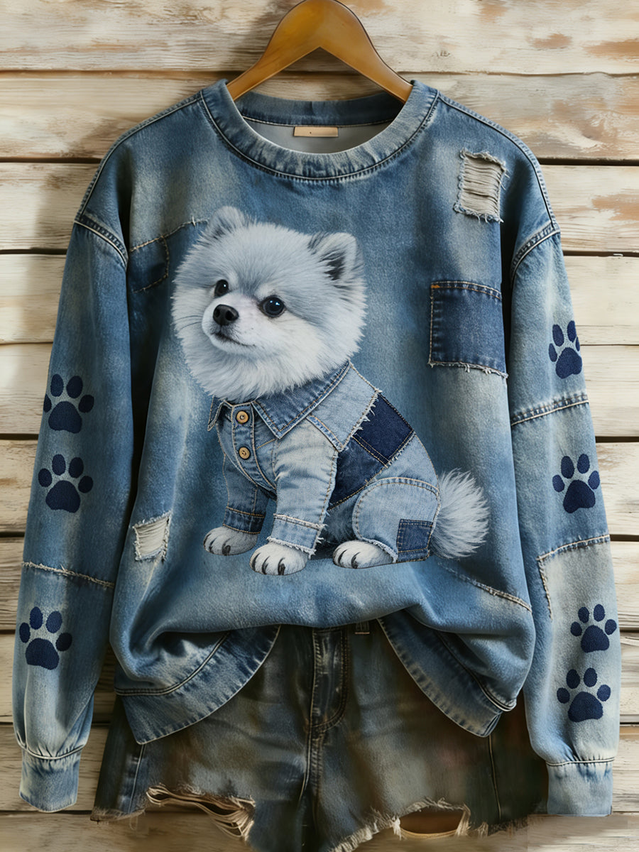 Dámské retro denim patchwork animal art print casual comfort sweatshirt s dlouhým rukávem