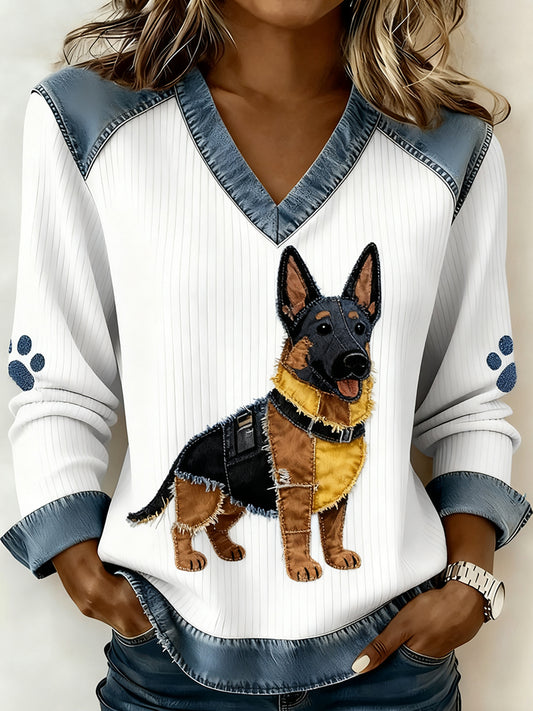 Dámské retro vneck denim patchwork animal print casual comfort top