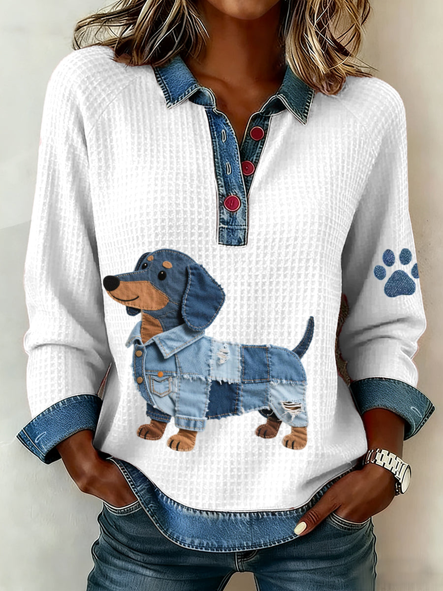 Dámské džínsové patchwork umění dachshund pes vzor vafle top