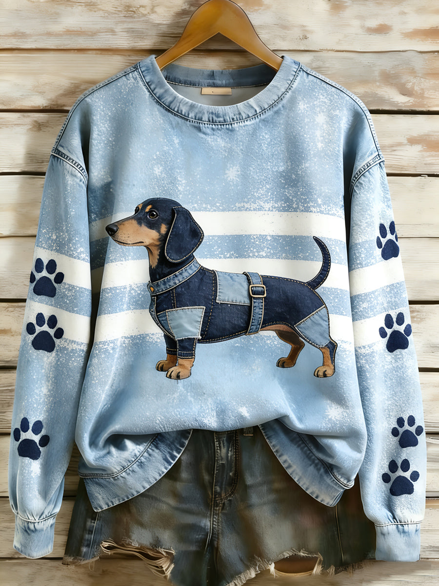 Dámské retro denim patchwork animal art print casual comfort sweatshirt s dlouhým rukávem