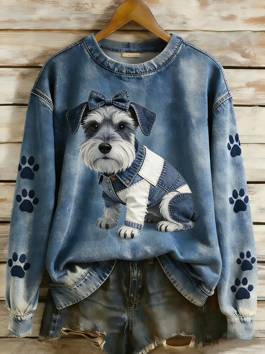 Dámské retro denim patchwork animal art print casual comfort sweatshirt s dlouhým rukávem