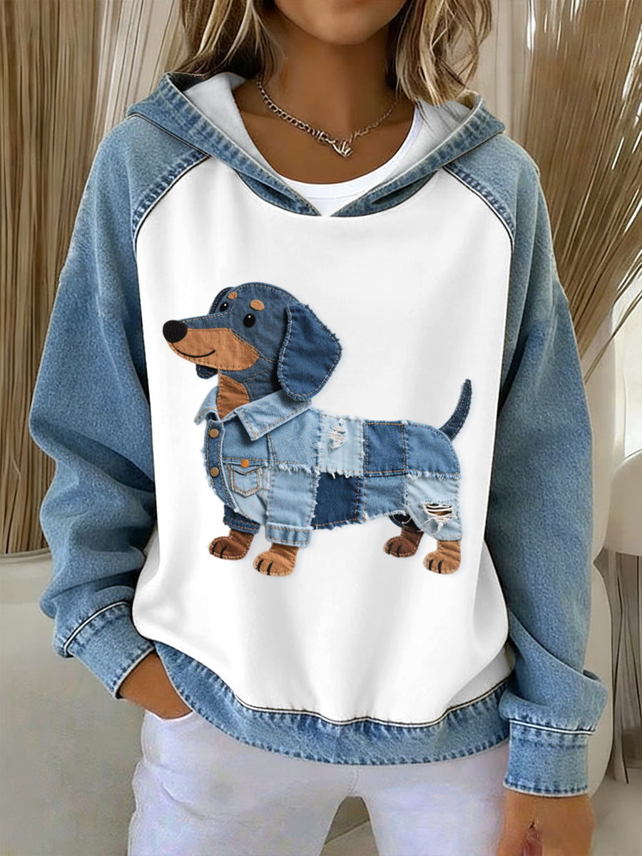 Dámské krásné dachshund pes vzor džínsové patchwork hoodie
