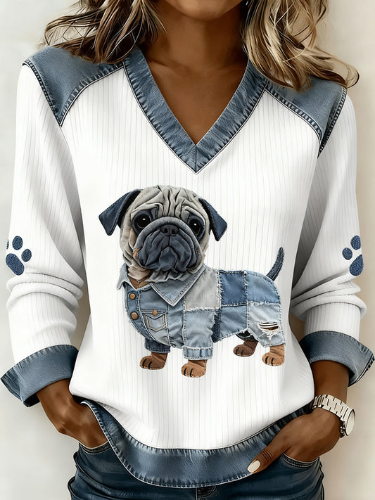 Dámské retro vneck denim patchwork animal print casual comfort top