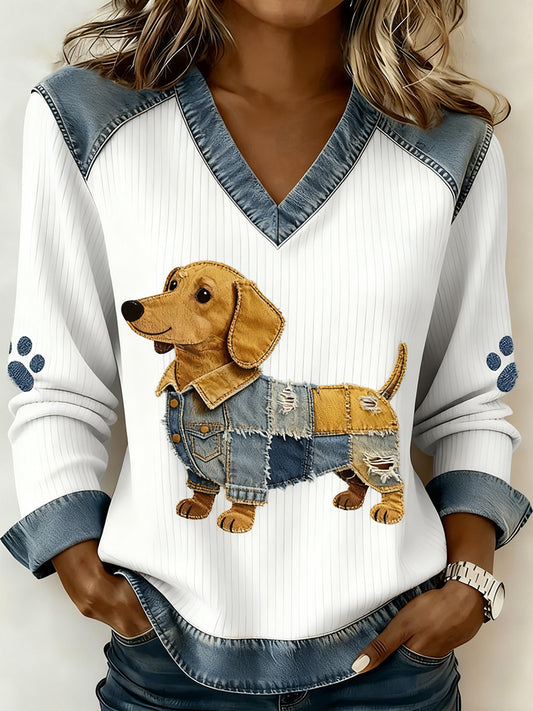 Dámské retro vneck denim patchwork animal print casual comfort top