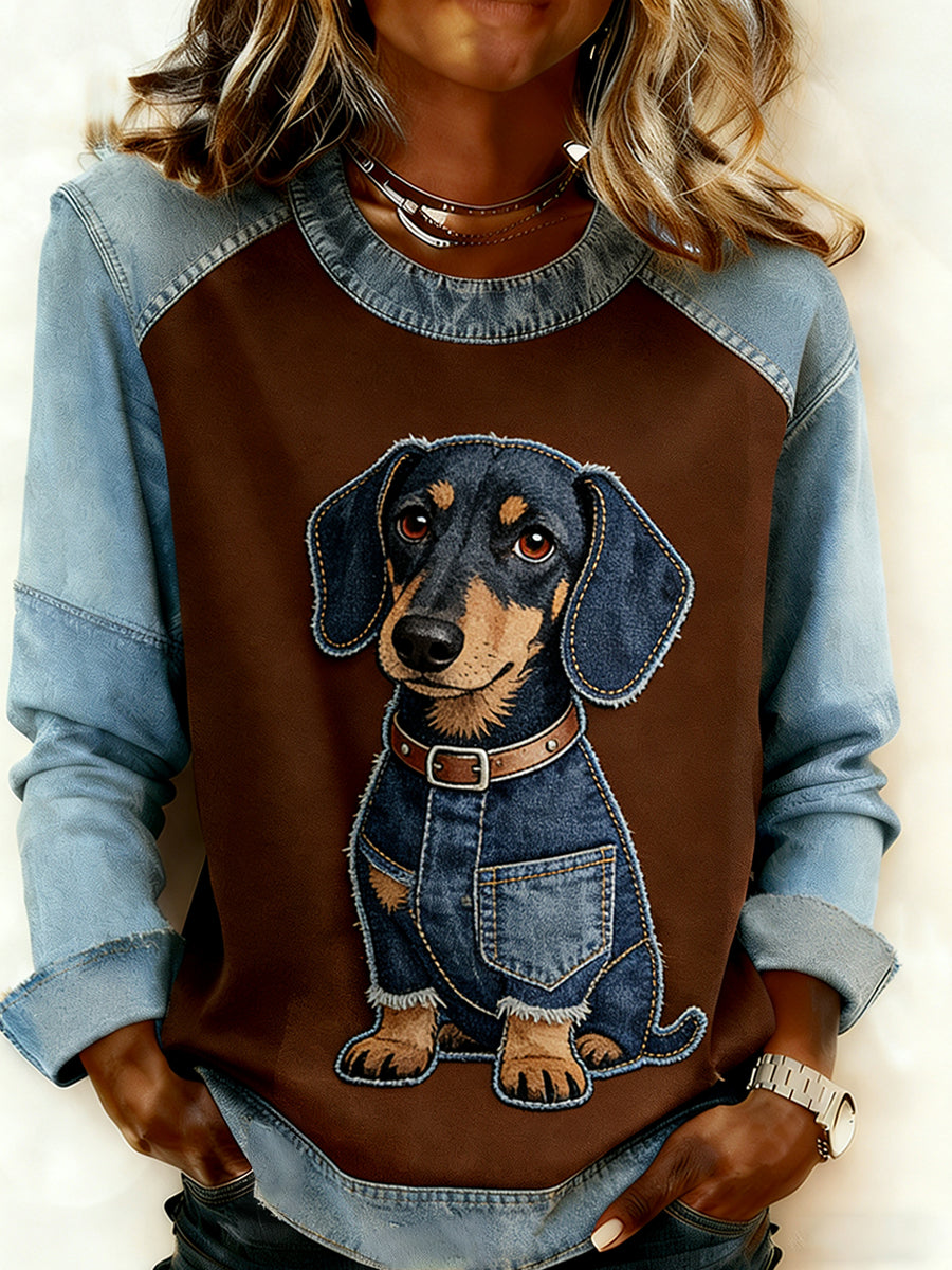Dámské retro zvířecí umění tisk pohodlné džínsové mikiny patchwork sweatshirt