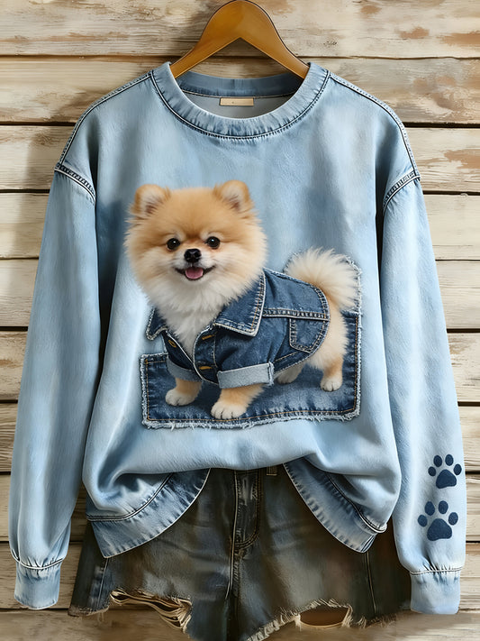 Dámské retro denim patchwork animal art print casual comfort sweatshirt s dlouhým rukávem