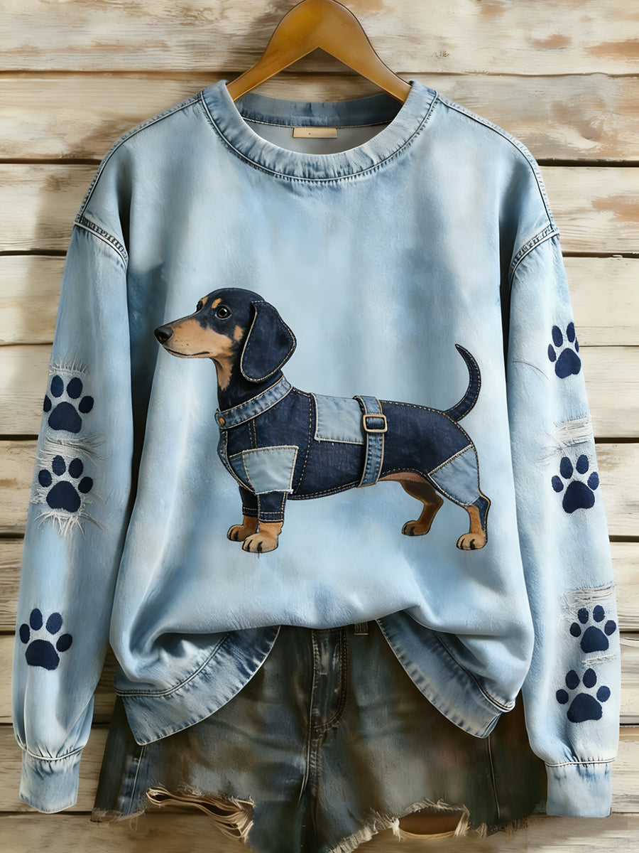 Dámské retro denim patchwork animal art print casual comfort sweatshirt s dlouhým rukávem
