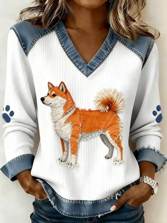 Dámské retro vneck denim patchwork animal print casual comfort top