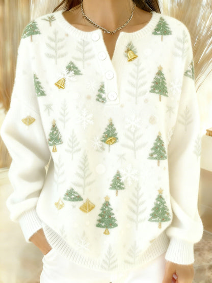 Dámské vintage vánoční stromeček bell art print svetr s dlouhým rukávem