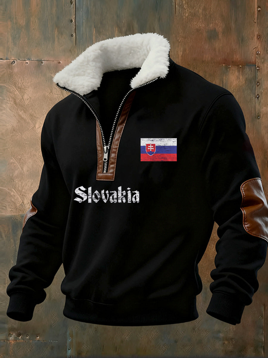 Pánské vintage vytištěné neformální polopískací mikina s obojkem fleecu