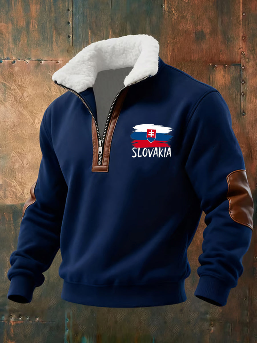 Pánské vintage vytištěné neformální polopískací mikina s obojkem fleecu