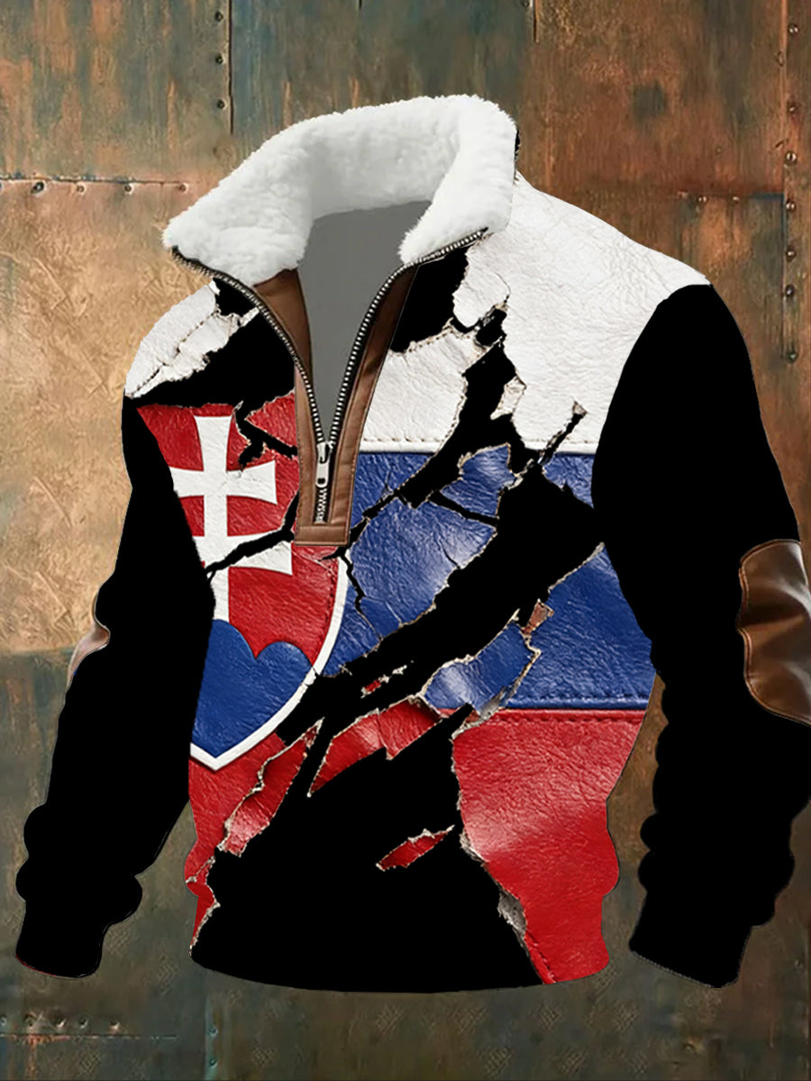 Pánské vintage vytištěné neformální polopískací mikina s obojkem fleecu