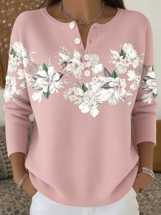 Dámské retro květinová tisk pohodlný pletený top