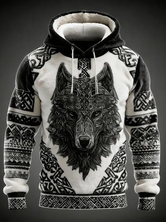 Pánské retro keltský uzel a vlk vzor barevné zablokované pohodlné plyšové mikiny s kapucinou