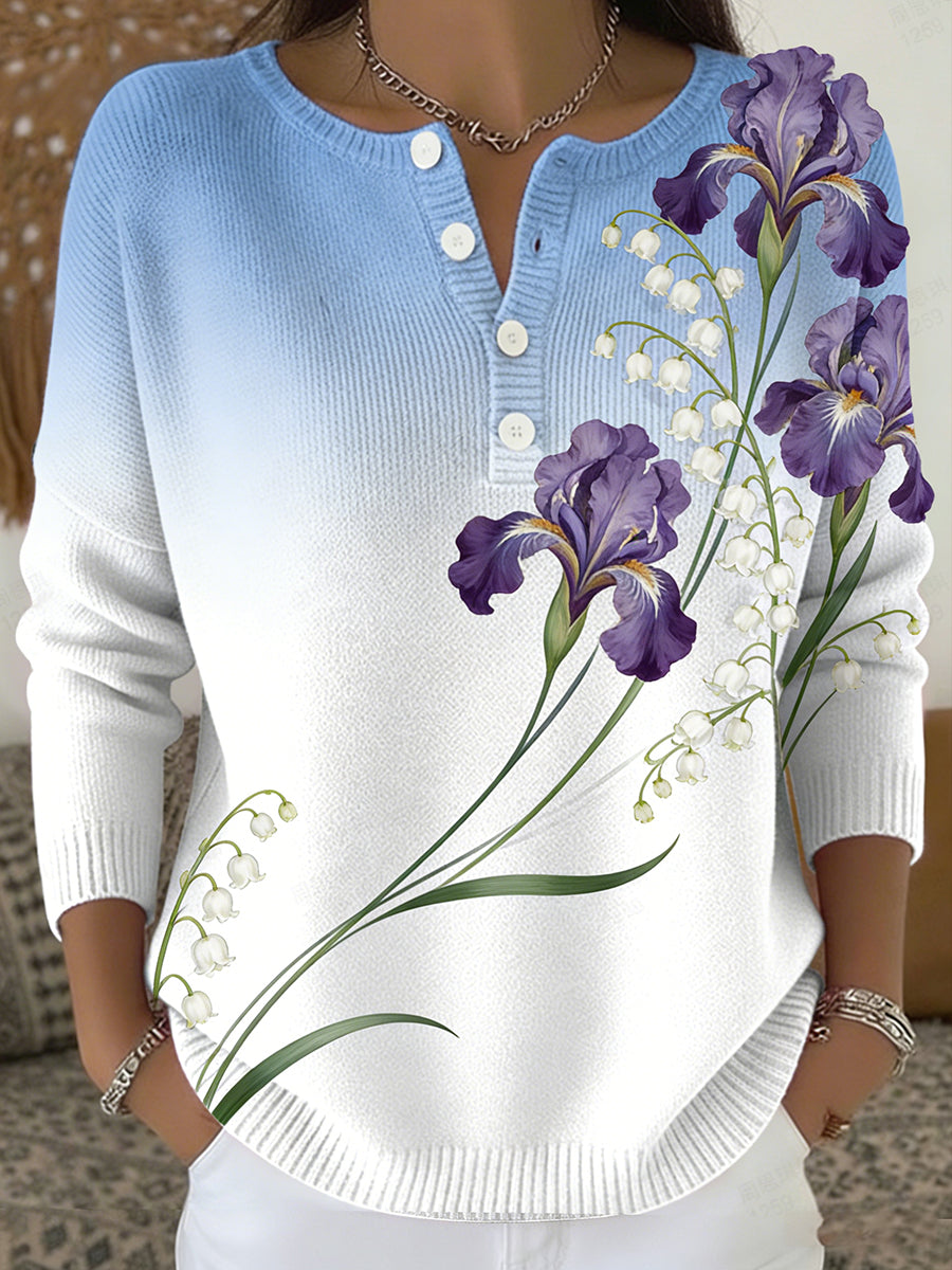 Dámské retro květinová tisk pohodlný pletený top