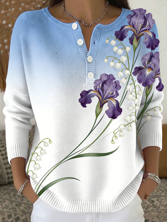 Dámské retro květinová tisk pohodlný pletený top