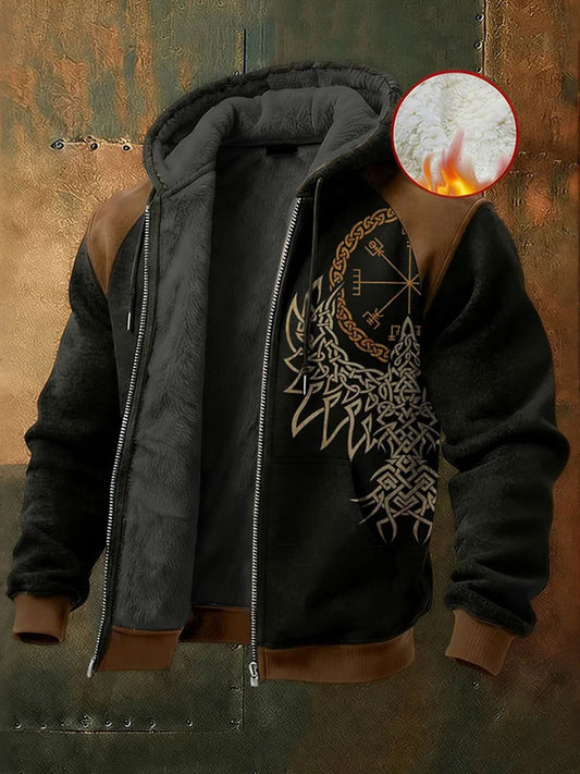 Pánské vintage viking symboly umění tlustý fleece teplý zipup bundy