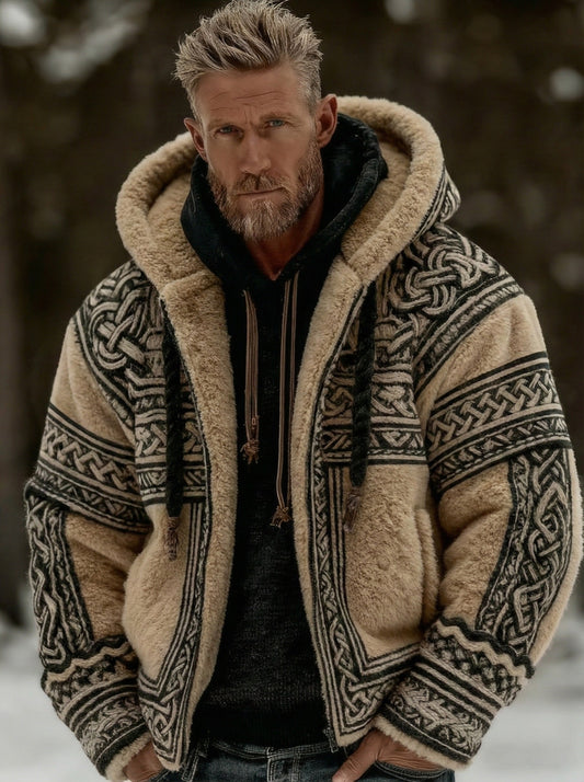 Pánské vintage vikingské keltské uzel flanel zips s kapucinou bunda
