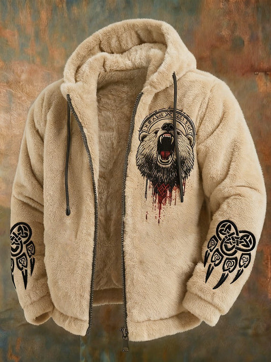 Pánské vintage viking keltský uzel bear paw art flanel zips s kapucinou bunda