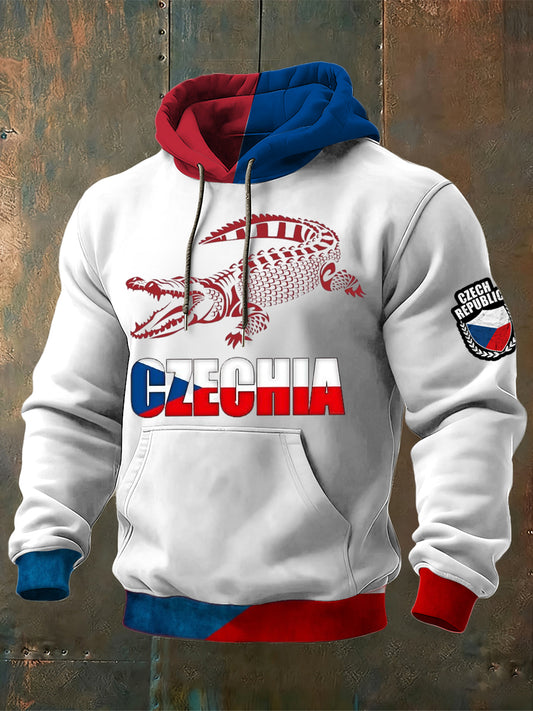 Men dynamic red crocodile czechia print colorblock hoodie