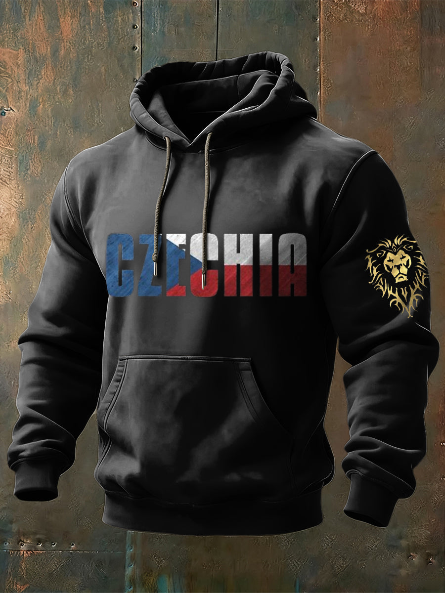 Men edgy czechia flag & lion print black hoodie