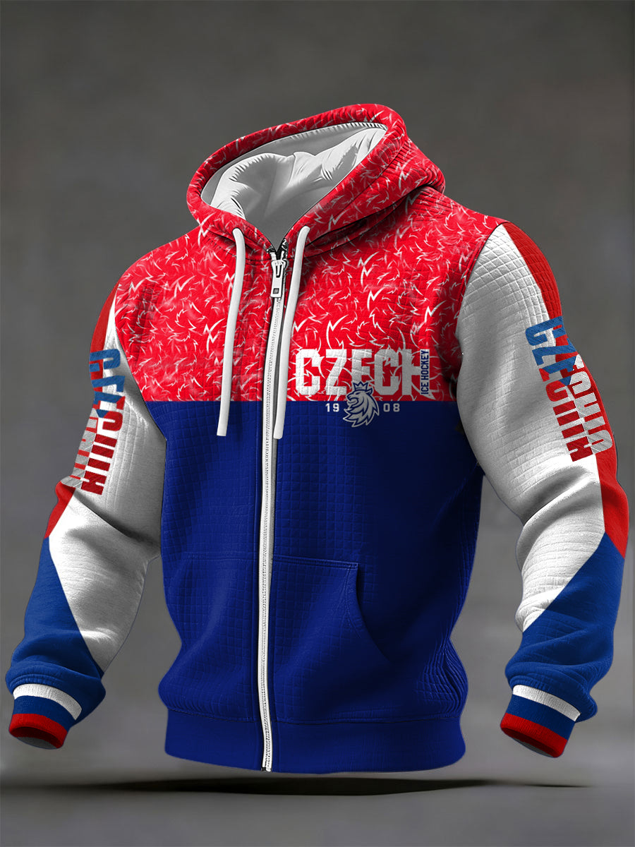 Retro czech hockey patchwork casual waffle hooded jacket