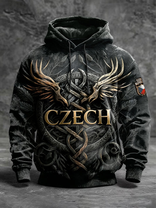 Pánské czechdesigned vintage print hooded sweatshirt