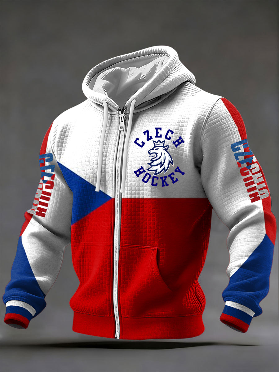 Retro česká vlajka ledový hokej patchwork příležitostné vafle s kapucinou bunda
