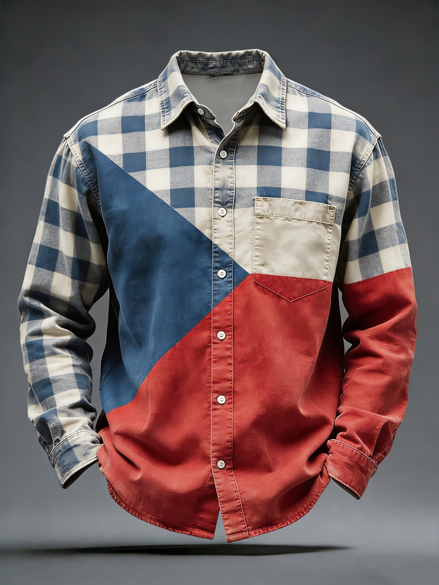 Vintagewashed czech flag plaid patchwork shirt