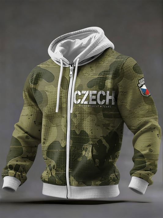Pánské české kamuflážové textové tisk s kapucinami mikina bunda s kapucinami