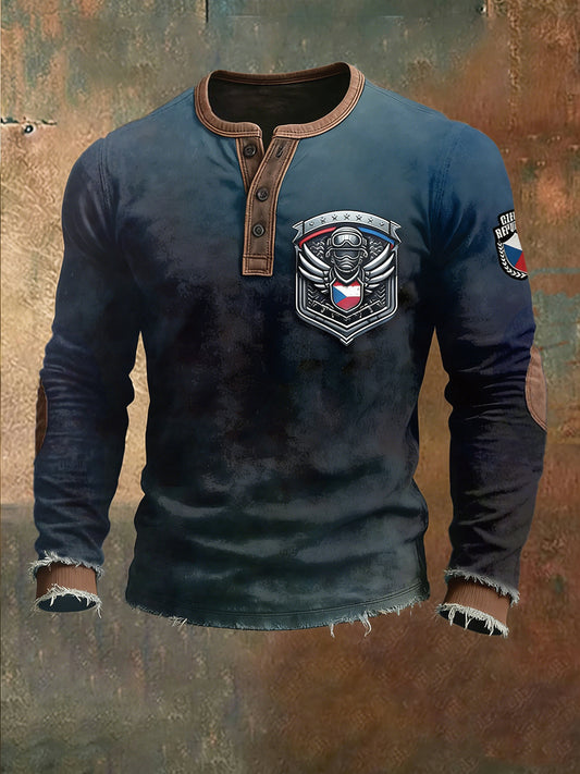 Pánské česká vlajka tisk vintage blue patchwork hoodie