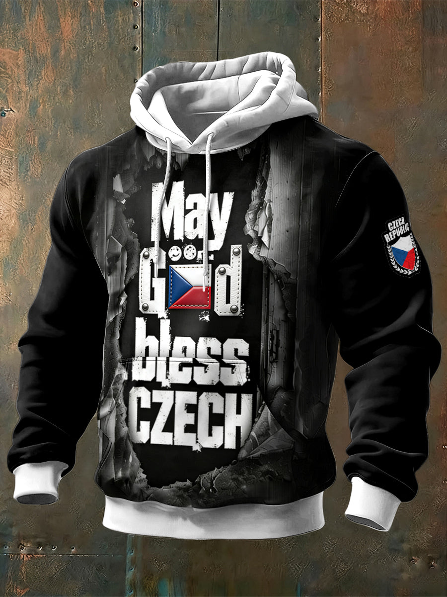 Pánská černá česká vlajka tisk mikina s kapucinou patchwork