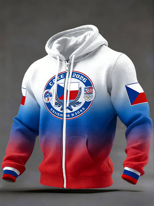 Retro czech ice hockey emblem 2026 casual waffle hooded jacket