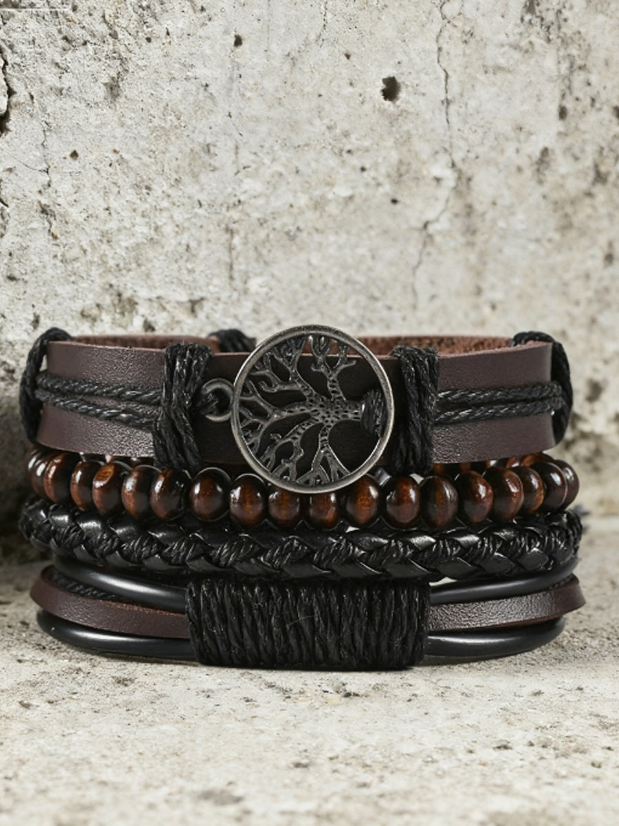 Men tree of life vintage woven personalized leather bracelet threepiece set