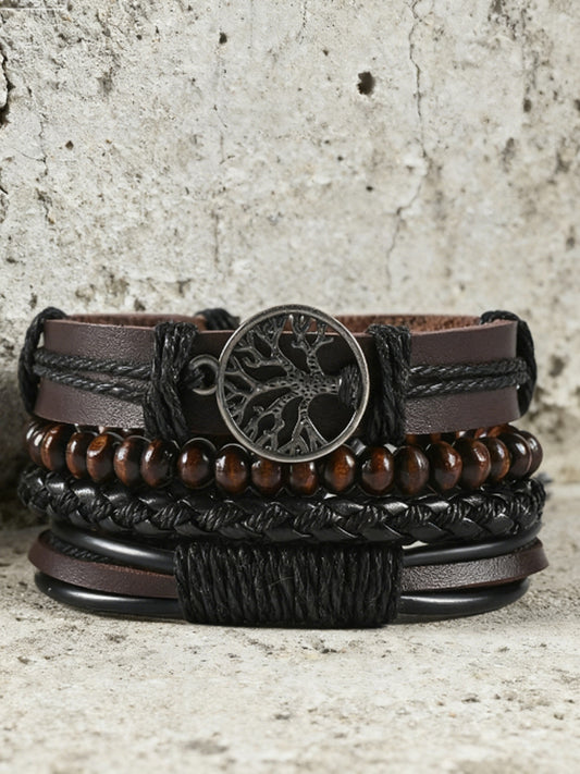 Men tree of life vintage woven personalized leather bracelet threepiece set