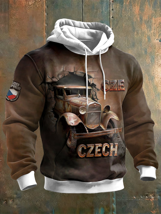 Pánské czech automobile print steampunk hooded sweatshirt