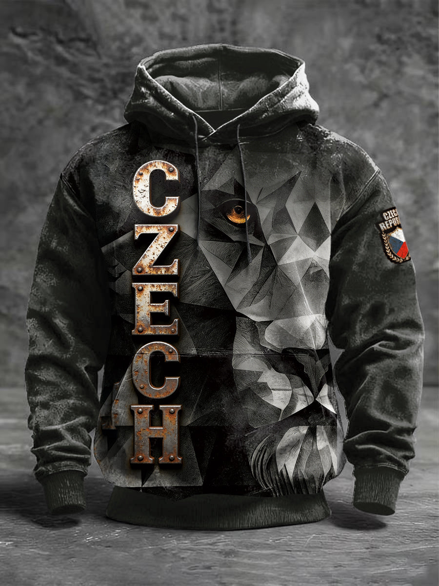 Pánské český lev text design print vintage mikina s kapucnou