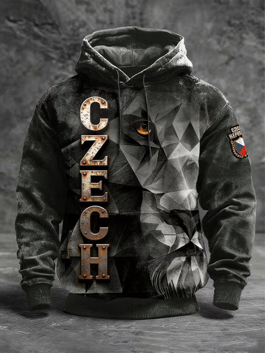 Pánské český lev text design print vintage mikina s kapucnou