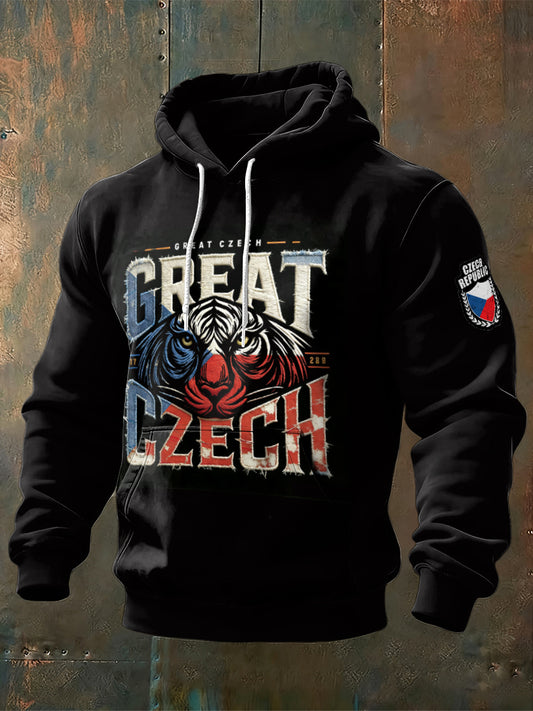 Pánské czech tiger patchwork print black hooded sweatshirt