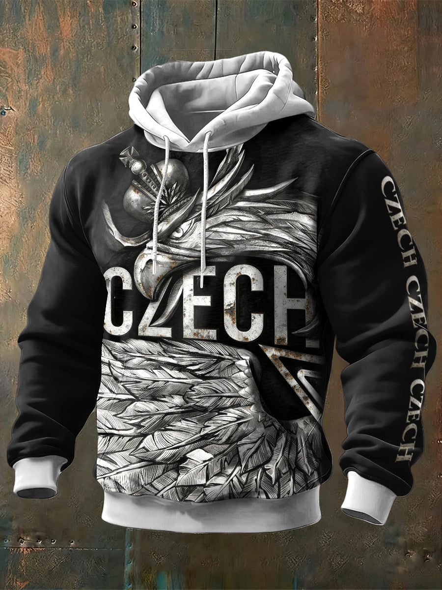 Men czech script design printed patchwork hooded sweatshirt