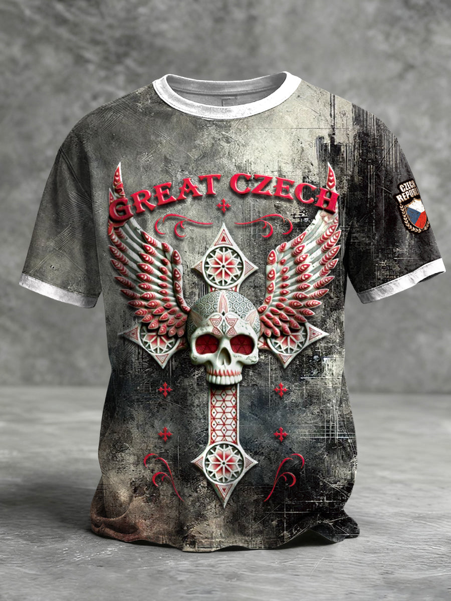 Pánské české lebky a křídla tisk vintage s krátkými rukávy tshirt