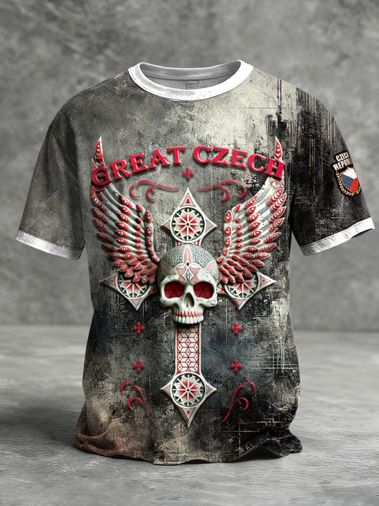 Pánské české lebky a křídla tisk vintage s krátkými rukávy tshirt
