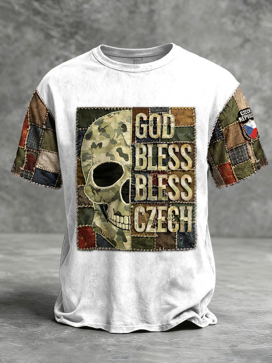 Pánské české lebky print vintage patchwork bílé tshirt s krátkými rukávy