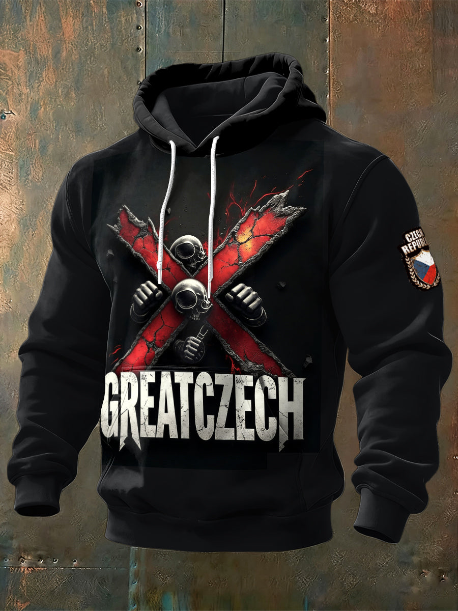 Men great czech print black hooded sweatshirt