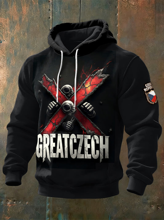 Men great czech print black hooded sweatshirt