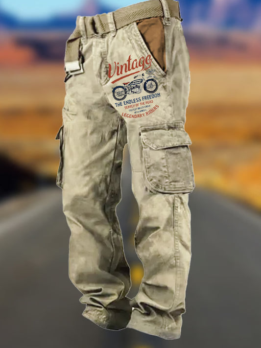 Pánské retro art print multipocket multifunctional cargo pants